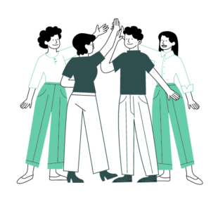 Vier Personen, zwei Frauen und zwei Männer, stehen im Kreis und geben sich gegenseitig High-Fives, symbolisieren Teamarbeit und Zusammenarbeit. Die Personen tragen helle und grüne Kleidung, der Hintergrund ist weiß.