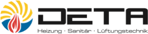 Logo der Firma DETA mit stilisierter Flamme und Sonnenstrahlen, darunter die Wörter Heizung · Gebäude · Lüftungstechnik in klarer Schrift.