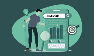 Illustration einer Person mit großem Bleistift und Lupe vor einem Smartphone-Display, das eine Suchleiste mit dem Wort „SEARCH“, Balkendiagramme, Tortendiagramme und eine Kurvengrafik zeigt. Rechts daneben ein Zielscheiben-Symbol mit zwei Pfeilen in der Mitte. Im Hintergrund eine Glühbirne als Symbol für Ideen. Darstellung in Grüntönen.