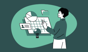 Person steht vor einem großen digitalen Planungsboard mit einem Tortendiagramm, einer Aktenordner-Ikone, einer Nutzerkarte und einer Glühbirne als Symbol für Ideen. Die Farbgestaltung ist in Grüntönen gehalten.