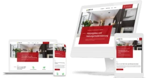 Ansicht einer responsiven Website zum Thema Heizungsbau und Heizungsmodernisierung, dargestellt auf Laptop, Smartphone, Desktop-PC und Tablet, mit klarem, modernem Design und rotem Akzentfeld für Überschriften, Navigation mit Menüpunkten Leistungen, Unternehmen, Jobs, Kontakt sowie Kontakttelefonnummer oben rechts.