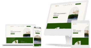 Responsive Website für eine Praxis für Psychotherapie in Geesthacht, dargestellt auf Laptop, Smartphone, Tablet und Desktop. Das Design zeigt eine klare, professionelle Homepage mit grünem Farbakzent, einem Button „Wir steigen in die Therapie“ und einem Bild von Strandgras. Nutzeroberfläche mit Menü und Kontaktbutton, geeignet für Webentwicklung und individuelles Webdesign.