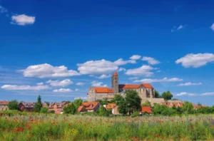 Blick auf die Stiftskirche und das Schloss in Quedlinburg mit roten Ziegeldächern, umgeben von historischen Fachwerkhäusern und grünen Bäumen, davor eine bunte Blumenwiese unter blauem Himmel mit vereinzelten weißen Wolken.