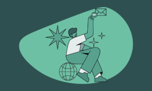 Illustration einer sitzenden Person, die ein Briefumschlag-Symbol mit einer Benachrichtigung von über 99 Nachrichten hält, vor einem grünen, organisch geformten Hintergrund, daneben stilisierte Sterne und ein Globus-Symbol, alles in gedeckten Grüntönen und Weiß.