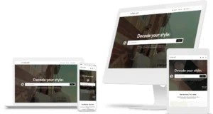 Responsive Website-Ansicht der Marke 247ME.ART auf Laptop, Smartphone, Tablet und Desktop mit Suchfunktion und Slogan „Decode your style:“ vor unscharfem Hintergrundbild zweier Personen vor Backsteinwand. Klare, moderne Gestaltung mit Fokus auf Benutzerfreundlichkeit und digitaler Sichtbarkeit.