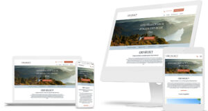 Ansicht einer responsiven Website für Luxusreisen nach Kanada und in die USA auf verschiedenen Geräten: Desktop-Monitor, Laptop, Tablet und Smartphone. Die Website zeigt eine Landschaft mit Bergen und Fluss, einen Button „Jetzt Reise planen“ sowie Navigationselemente und Textbereiche. Die Gestaltung ist klar und professionell, passend für eine individuelle Unternehmenswebsite.