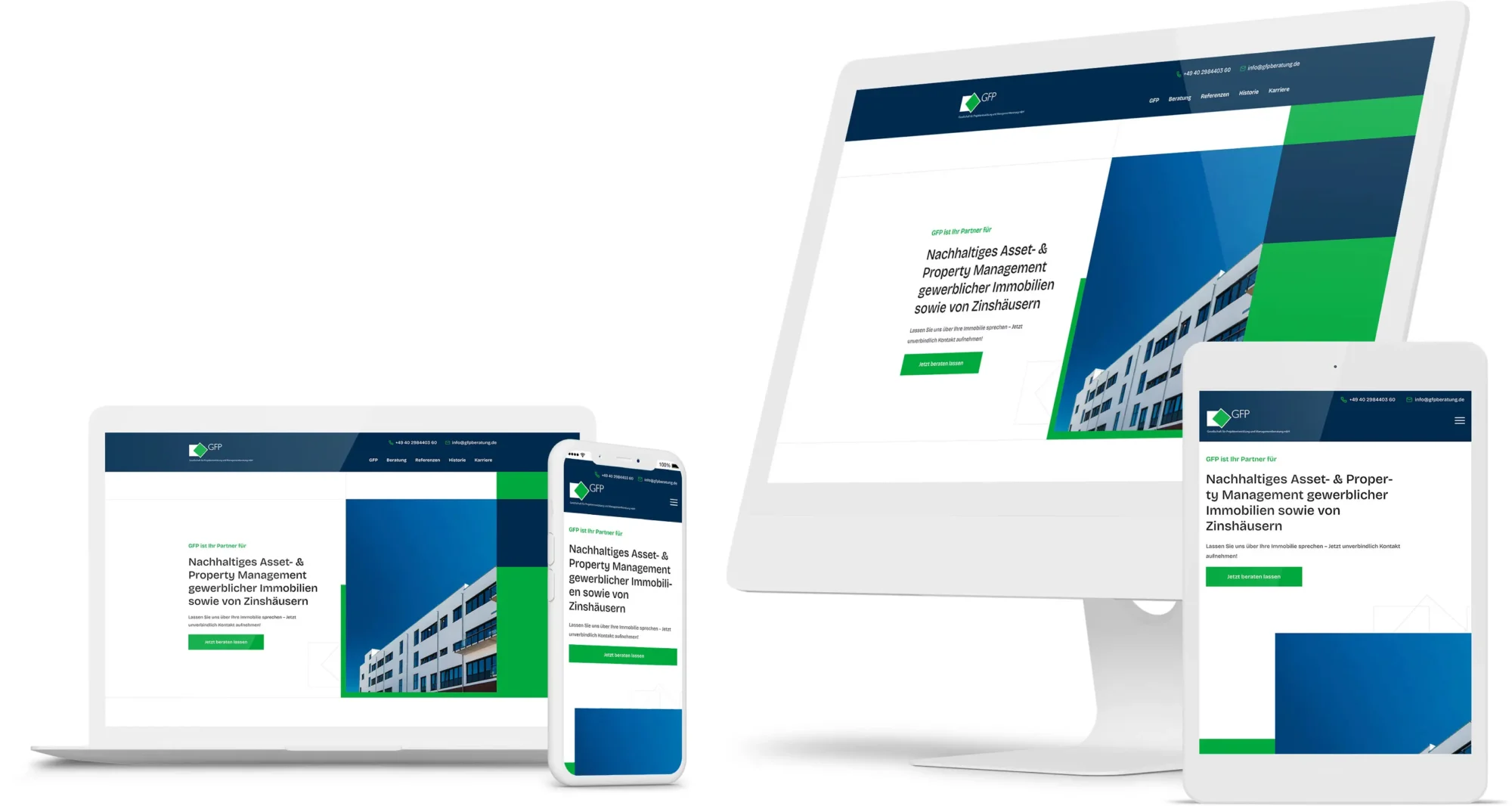 Responsive Website-Ansicht der Digitalagentur WVNDERLAB auf Laptop, Smartphone, Desktop und Tablet mit grün-blau-weißem Design, Text zu nachhaltigem Asset- und Property Management gewerblicher Immobilien sowie Zinshäuser, Call-to-Action-Button „Jetzt Kontaktieren“.
