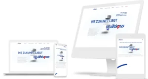 Responsive Website-Darstellung der Marke ibisquis auf Laptop, Smartphone, Desktop und Tablet mit dem Slogan „Die Zukunft fliegt bei ibisquis“ und Hinweis auf 100 Jahre Vertrauen in die Produkte weltweit.