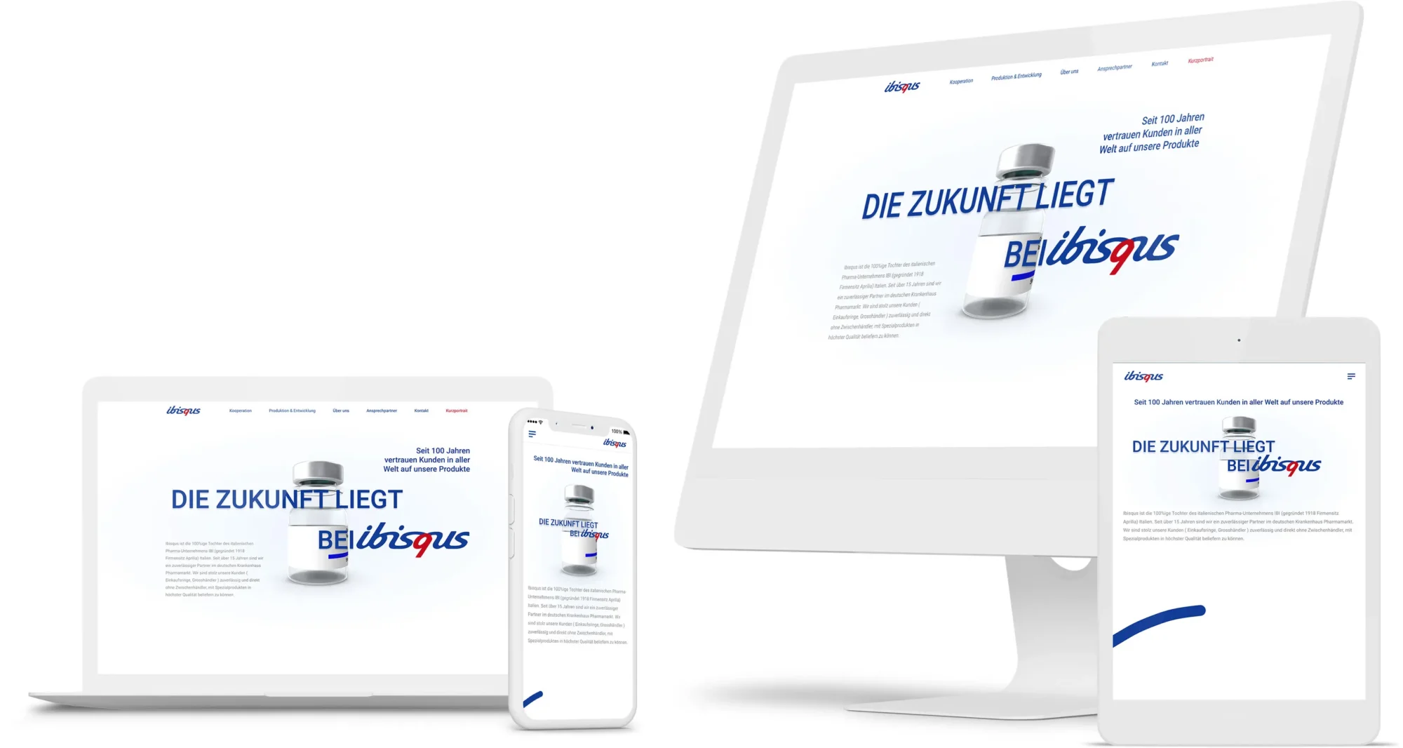 Responsive Website-Darstellung der Marke ibisquis auf Laptop, Smartphone, Desktop und Tablet mit dem Slogan „Die Zukunft fliegt bei ibisquis“ und Hinweis auf 100 Jahre Vertrauen in die Produkte weltweit.