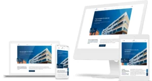 Verschiedene Endgeräte – Desktop, Laptop, Tablet und Smartphone – zeigen eine responsive Website mit Fokus auf Gewerbe- und Industrieimmobilien, darunter ein modernes Bürogebäude vor blauem Himmel, Text „Top-Immobilien für Gewerbe und Industrie“ sowie ein Button „Jetzt beraten lassen“.