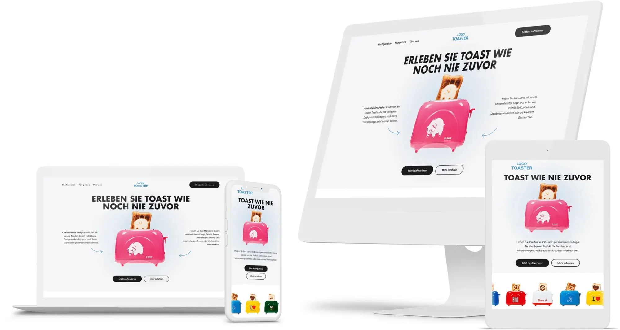 Website-Mockup mit responsivem Design auf Laptop, Smartphone, Desktop und Tablet, zeigt eine Produktseite für einen pinken Toaster mit Toastscheiben, die personalisierte Logos enthalten. Überschrift „Erleben Sie Toast wie noch nie zuvor“, zwei Buttons „Jetzt konfigurieren“ und „Mehr erfahren“, kurze Beschreibung zum individuellen Design und personalisierten Logos. Klare, moderne Gestaltung auf weißem Hintergrund.