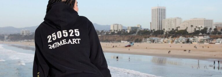 Person mit schwarzem Kapuzenpullover, auf dem Rücken weiße Schrift 