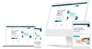 Responsive Webdesign der Website von Reha-OT Lüneburg dargestellt auf Laptop, Smartphone, Desktop und Tablet. Die Startseite zeigt den Slogan „Ihr Partner für Gesundheit, Mobilität & Lebensqualität“ sowie Navigationselemente und Call-to-Action-Buttons. Klare, professionelle Gestaltung mit Fokus auf Benutzerfreundlichkeit und digitaler Sichtbarkeit.