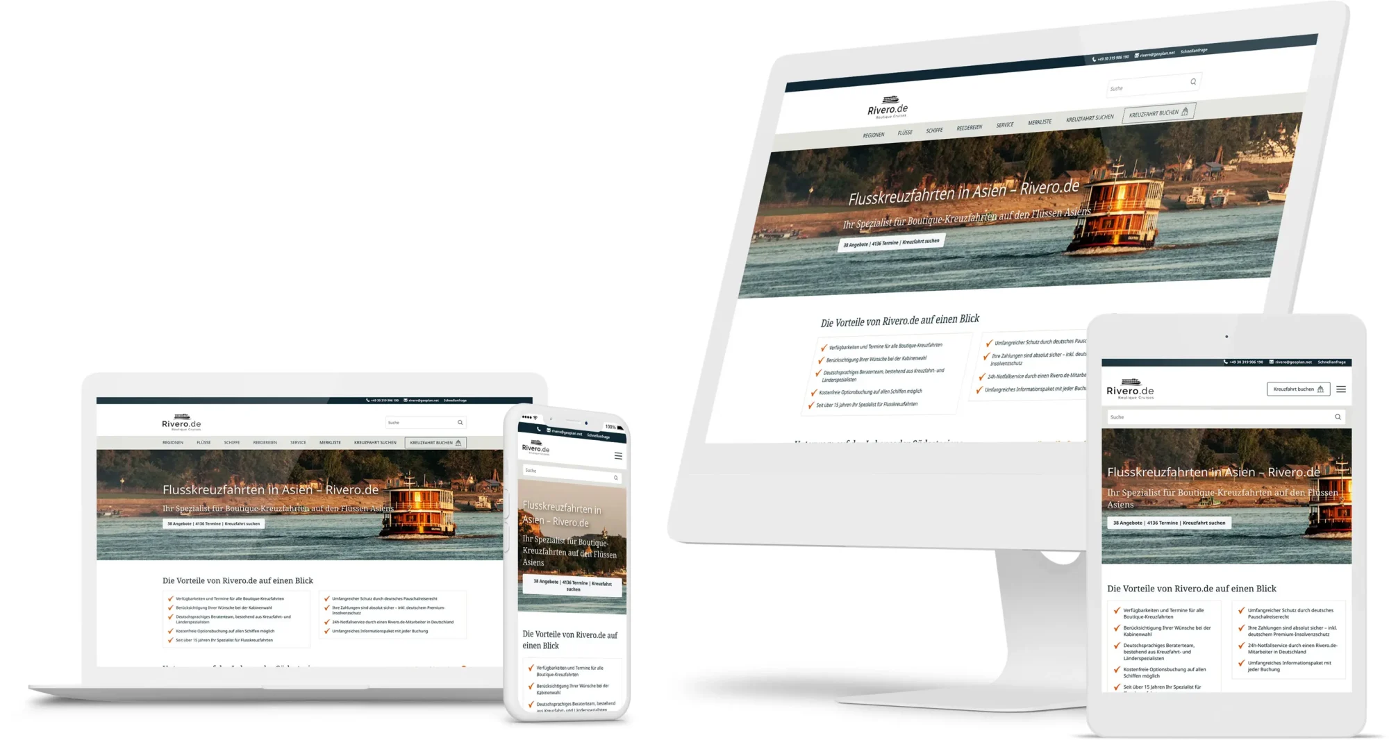 Mehrere Geräte – Laptop, Smartphone, Desktop-Monitor und Tablet – zeigen die responsive Website von Rivero.de mit dem Titel „Flusskreuzfahrten in Asien – Rivero.de“ und einer Abbildung eines Flussboots. Die Website präsentiert Vorteile wie Verfügbarkeit, Kundenservice, Preis-Leistungs-Verhältnis und individuelle Beratung.