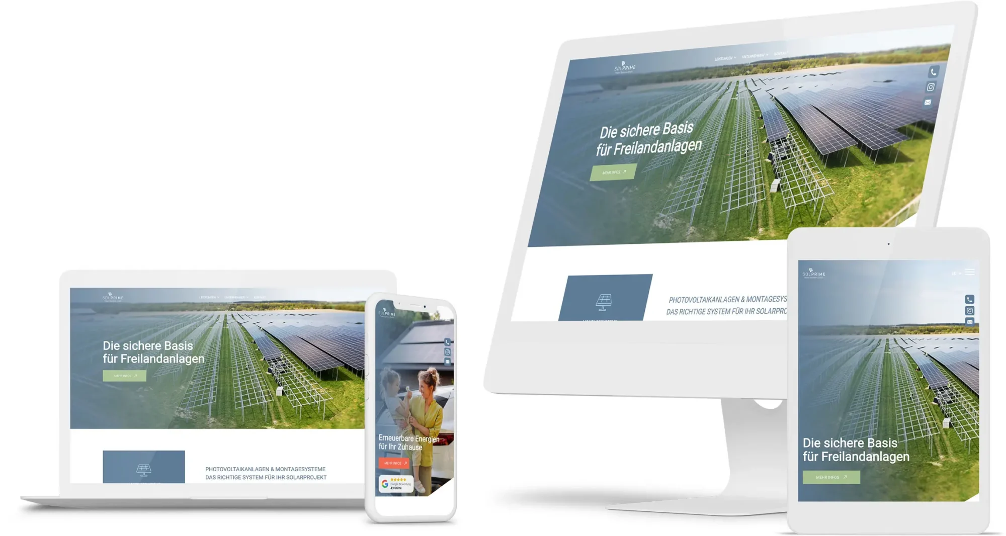Verschiedene digitale Endgeräte – Laptop, Smartphone, Desktop-Monitor und Tablet – zeigen eine responsive Website mit dem Titel „Die sichere Basis für Freilandanlagen“ und Bildern von Solaranlagen auf grüner Wiese, darunter Text zu Photovoltaikanlagen und Montagesystemen.